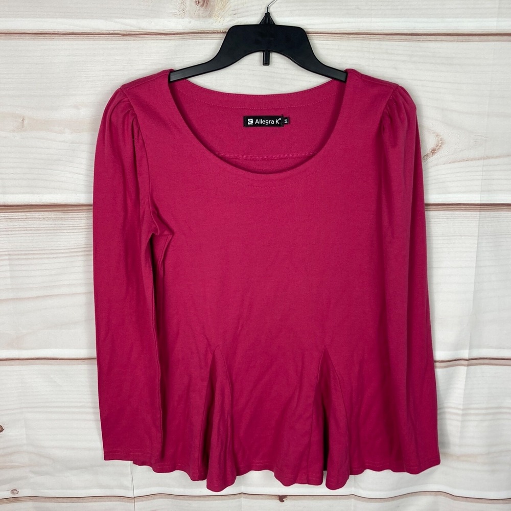 Allegra K Top Womens M Pink Puff Sleeve Blouse Scoop Neck Pleated Front Knit